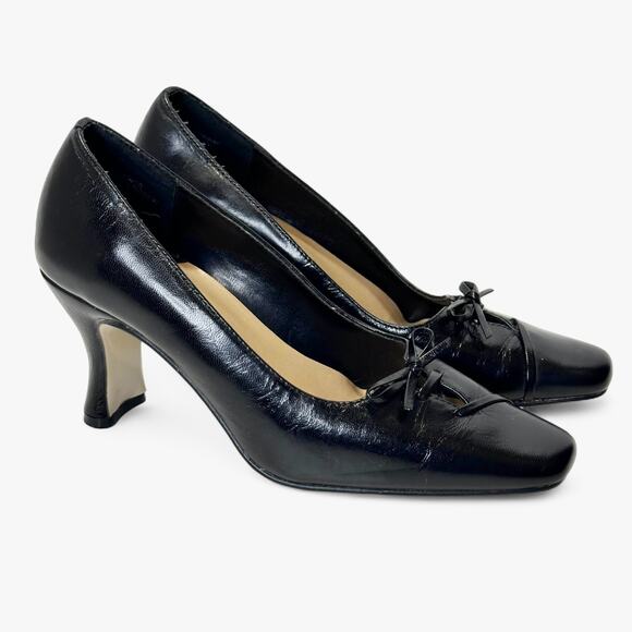 Ann Kristal Black Leather Pumps 5.5M Bow Square Toe Block Heel Y2K Eulalia - Picture 2 of 10
